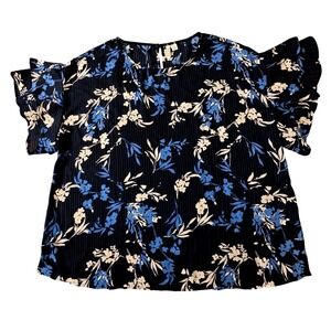 Elle Womens XXL Blue Floral Striped Flutter Sleeve Blouse Crew Neck Top